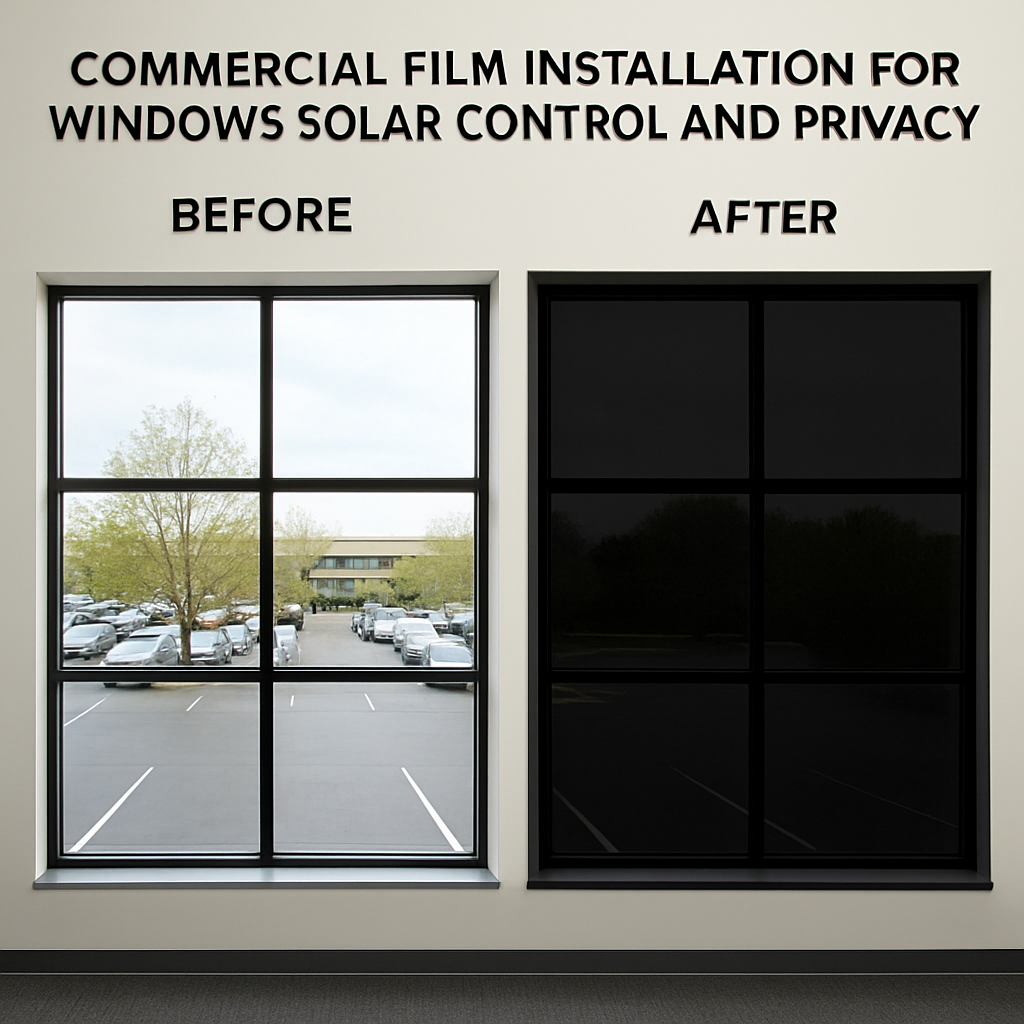 commercial film installation for windows solar control and privacy before and after